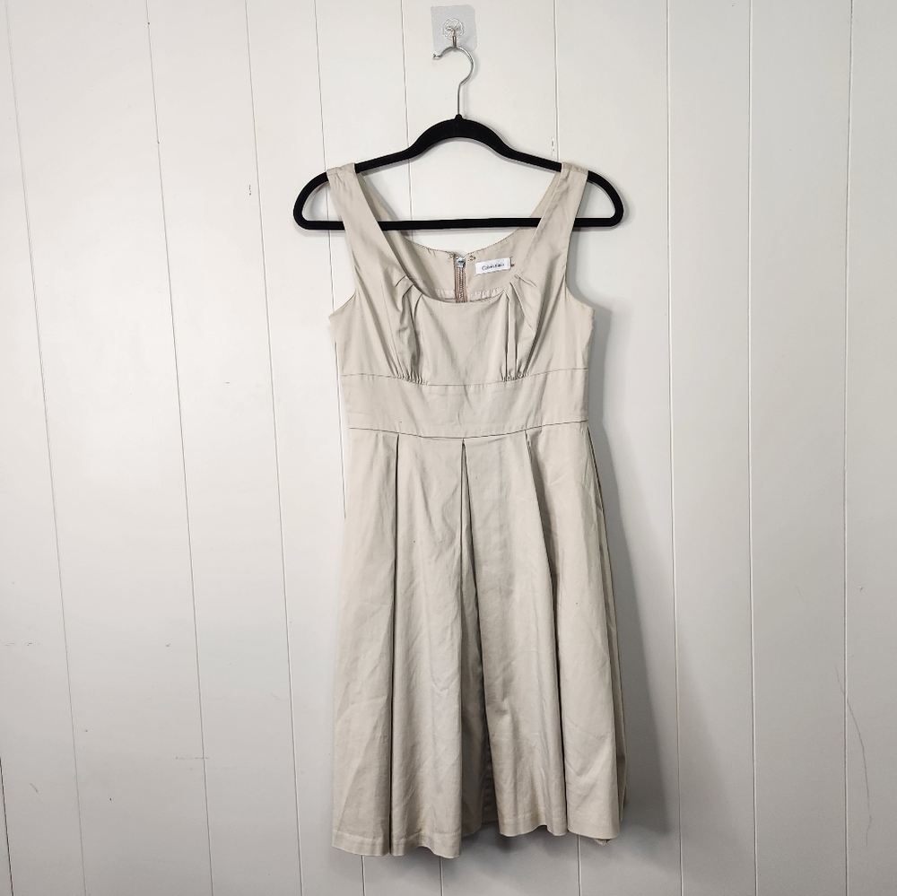 Calvin Klein Khaki Sleeveless Pleated Fit & Flare Cocktail Dress Neutral A-Line - Picture 2 of 10